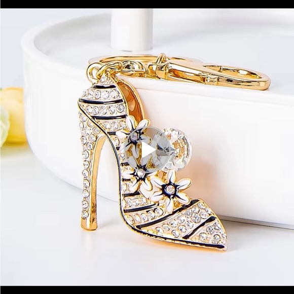 Diamond High Heel Flower Key Ring Rhinestone Crystals Black Fashion Jewelry - Picture 1 of 6